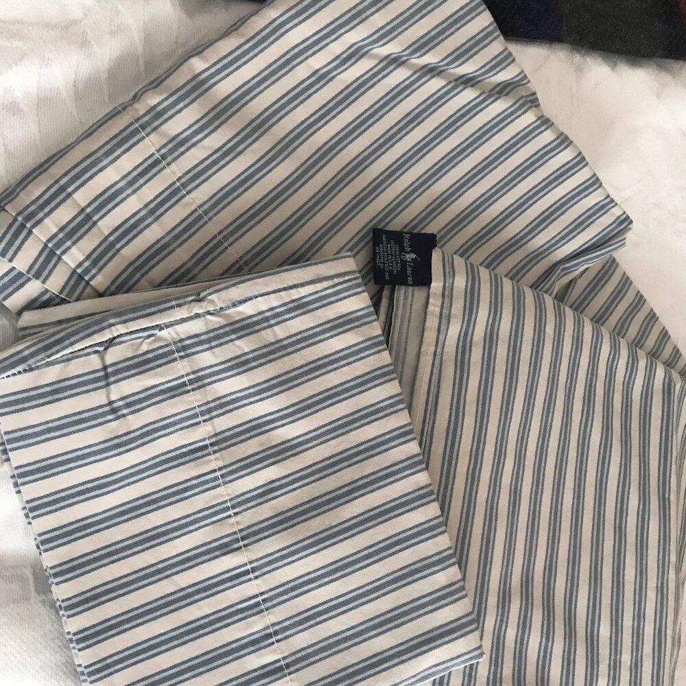 Vintage Ralph Lauren Claudine Blue / Ivory Ticking Stripe Queen Sheet Set